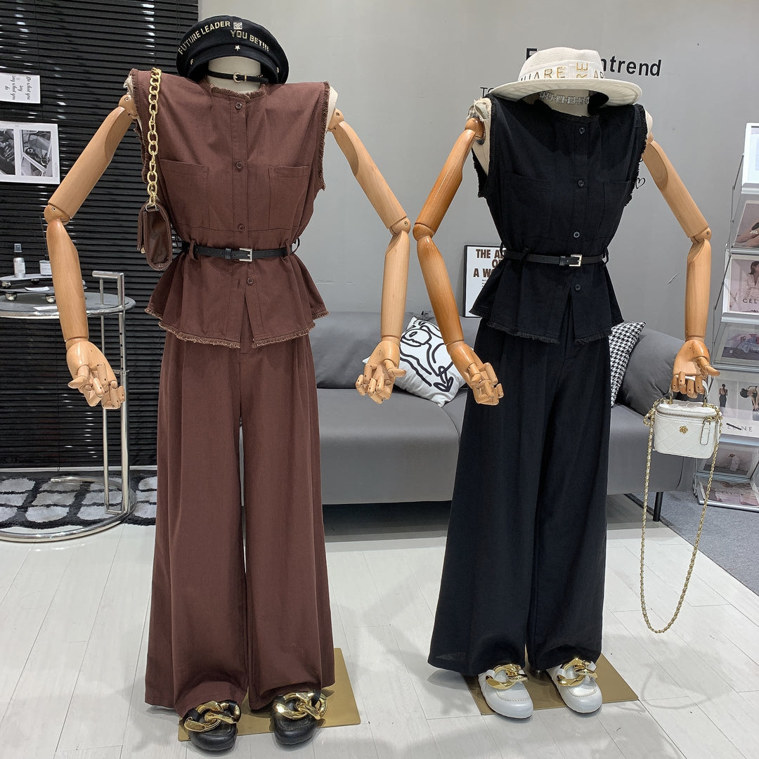 【set】ノースリーブトップス+ワイドパンツセットベルト付き　M24993