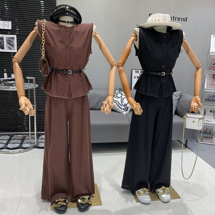 【set】ノースリーブトップス+ワイドパンツセットベルト付き　M24993