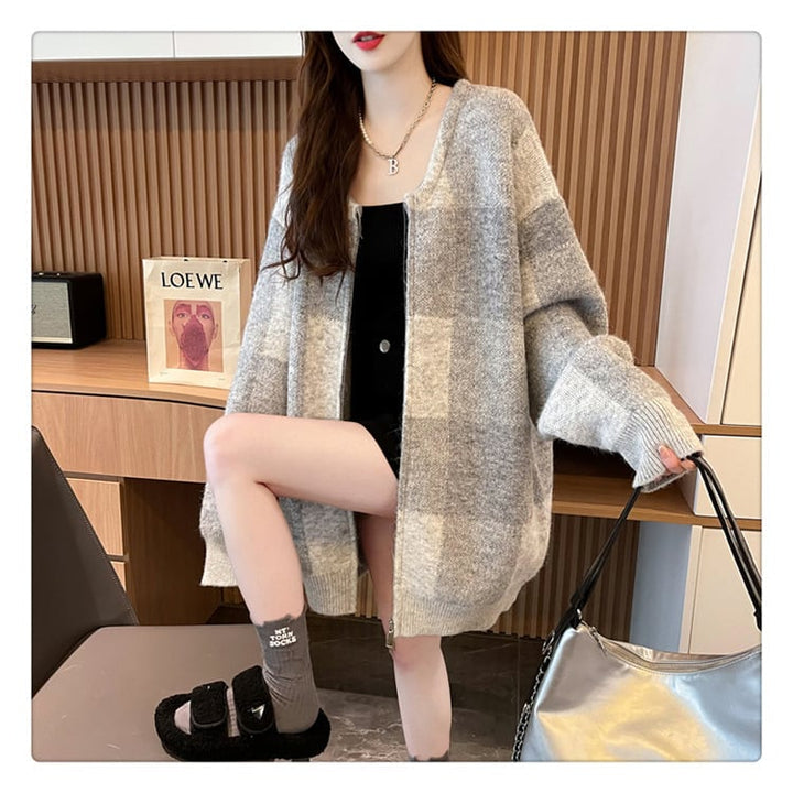 【outer】チェック柄ニットカーデ　M19341