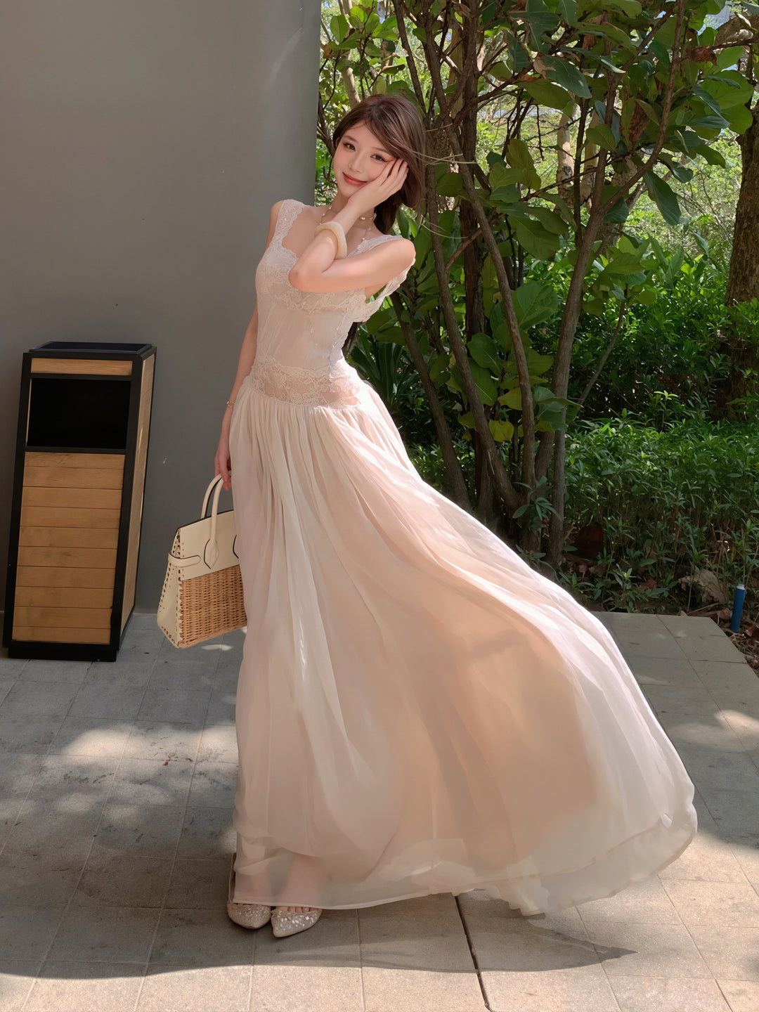 【dress】レースドッキングチュールロングワンピース Q8854