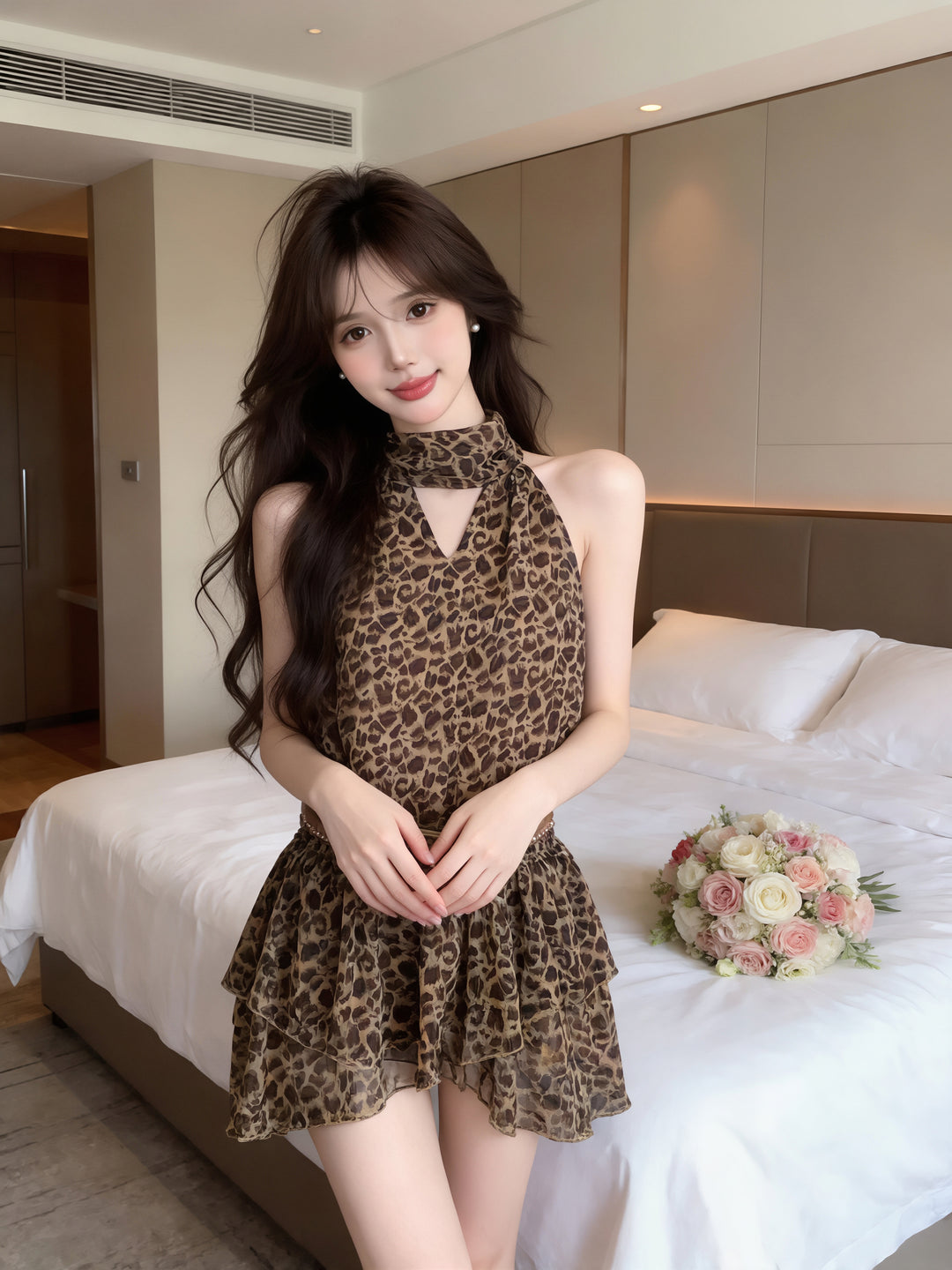 【dress】ノースリーブヒョウ柄ワンピース Q8897