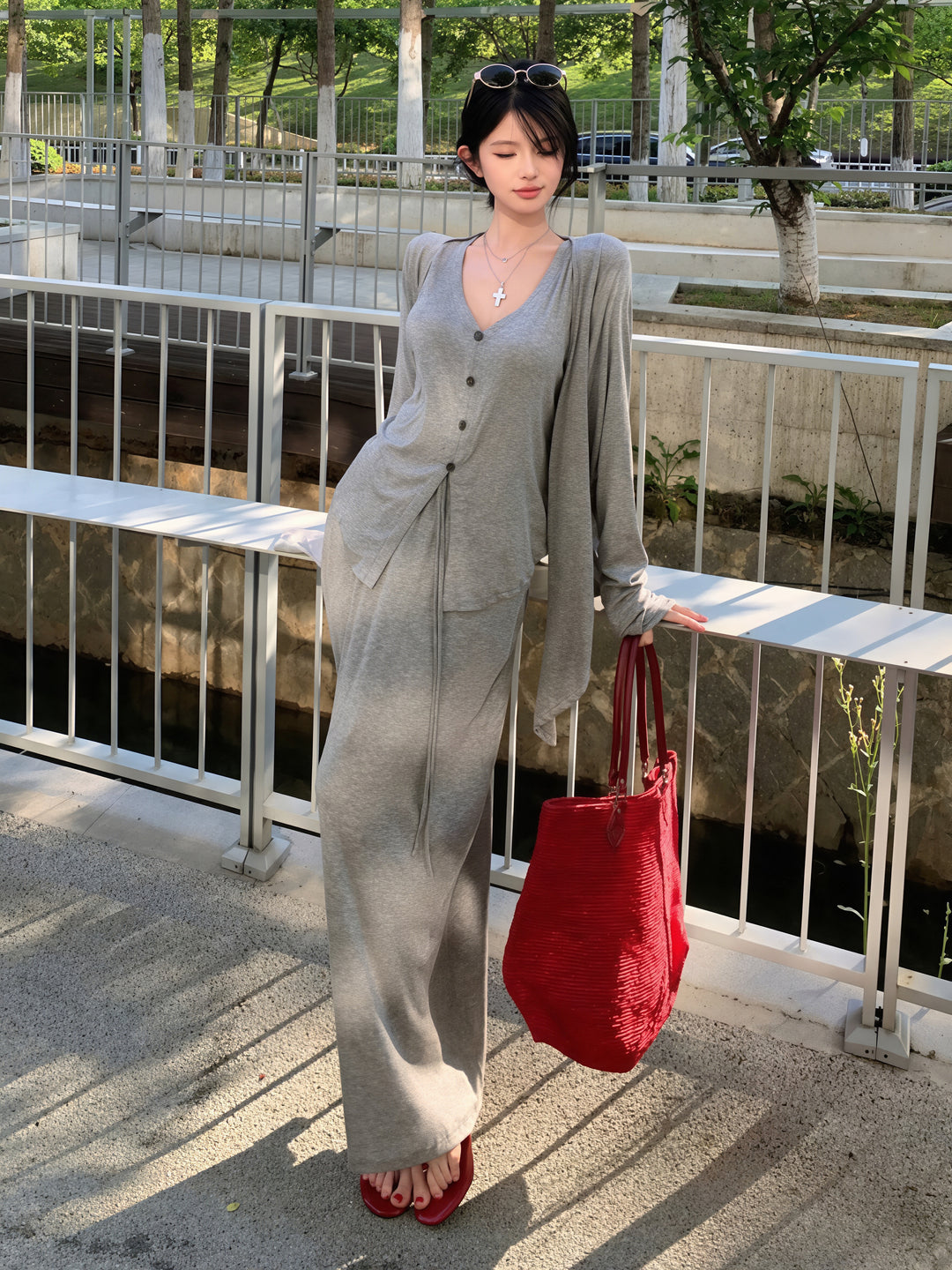 【set】ベスト×カーディガン×ロングスカート3点セット Q8789