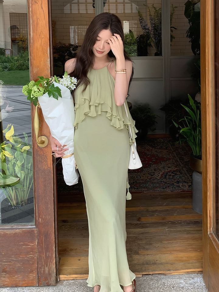 【dress】ホルターネックギャザーフリルロングワンピース Q8870
