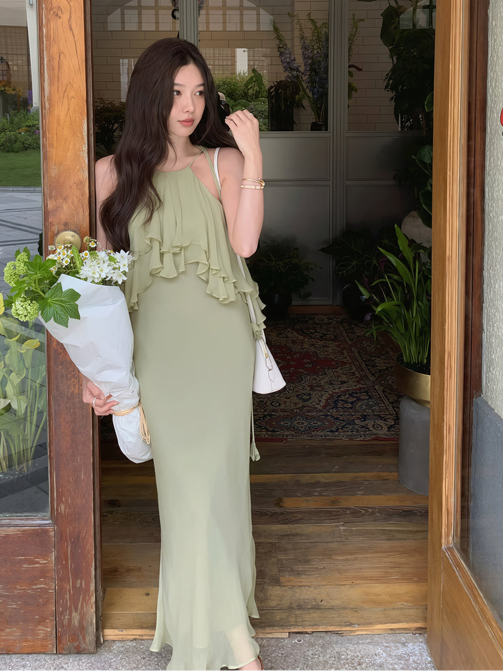 【dress】ホルターネックギャザーフリルロングワンピース Q8870