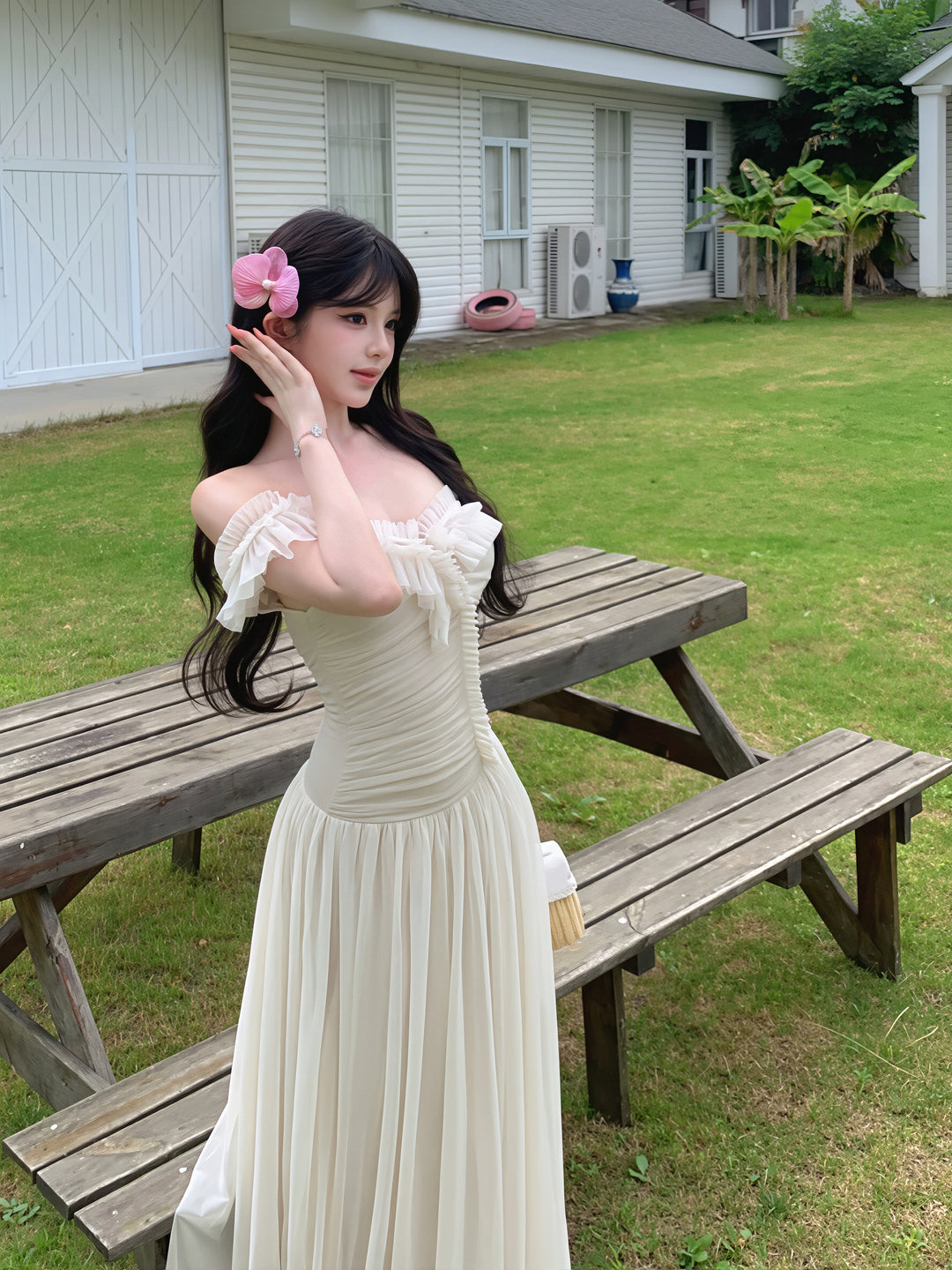 【dress】オフショルダーシアーチュールロングワンピース Q8850