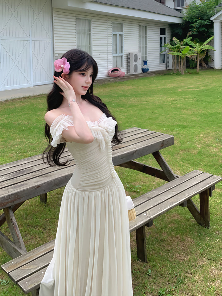 【dress】オフショルダーシアーチュールロングワンピース Q8850