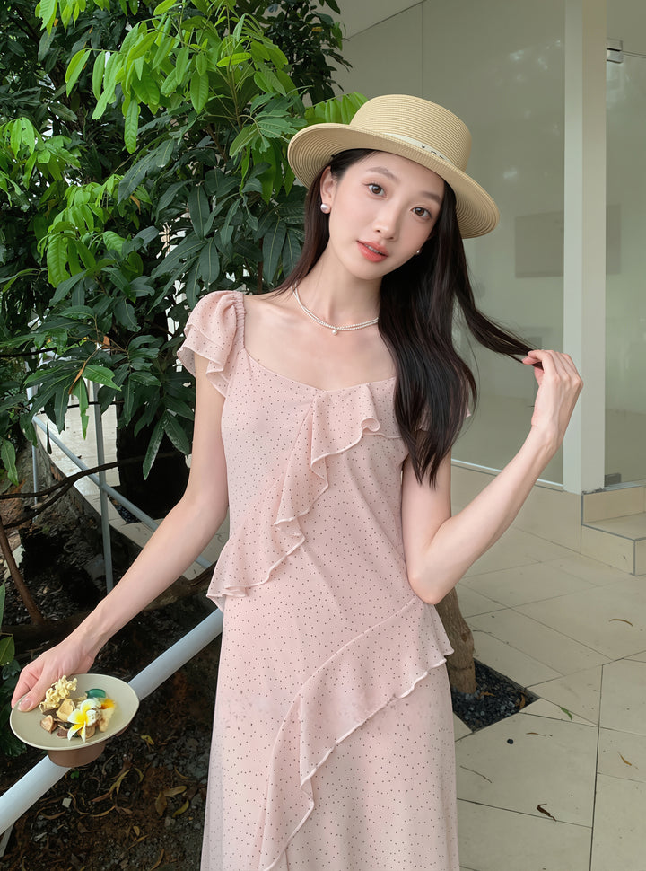 【dress】ドット柄フリルロングワンピース Q8766
