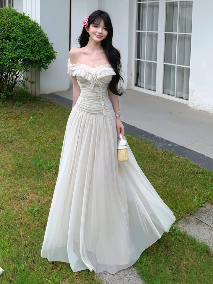 【dress】オフショルダーシアーチュールロングワンピース Q8850