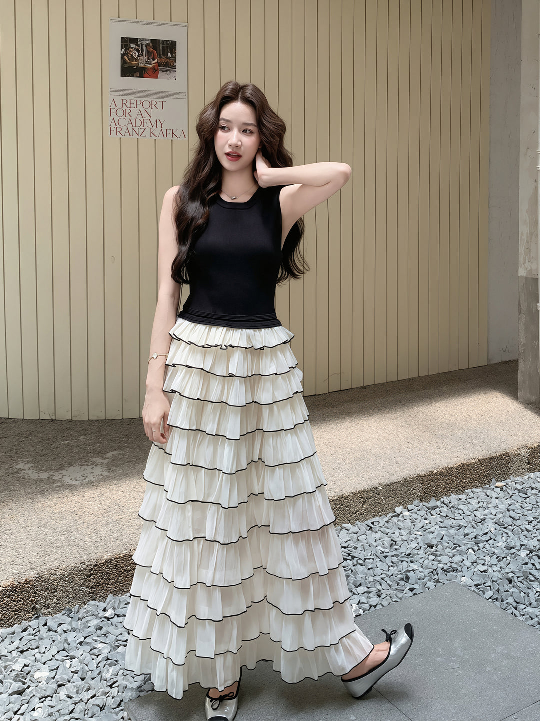 【dress】ノースリーブロングティアードワンピース Q8810