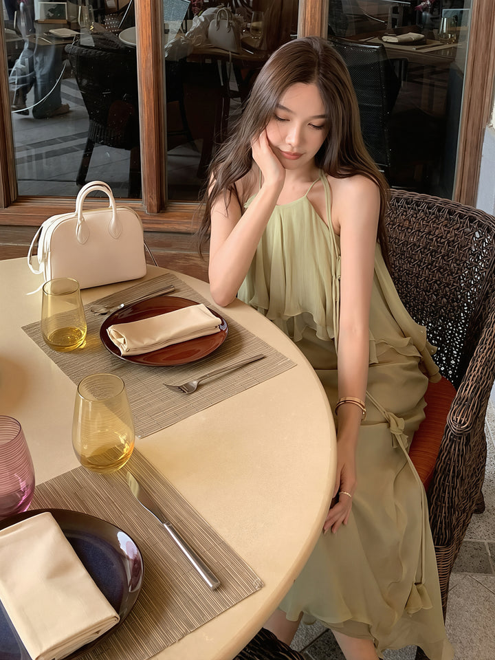 【dress】ホルターネックギャザーフリルロングワンピース Q8870