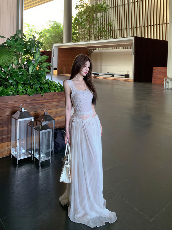 【dress】レースドッキングチュールロングワンピース Q8854