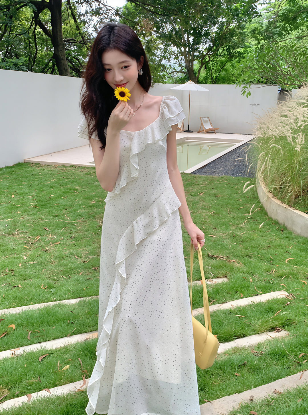【dress】ドット柄フリルロングワンピース Q8766