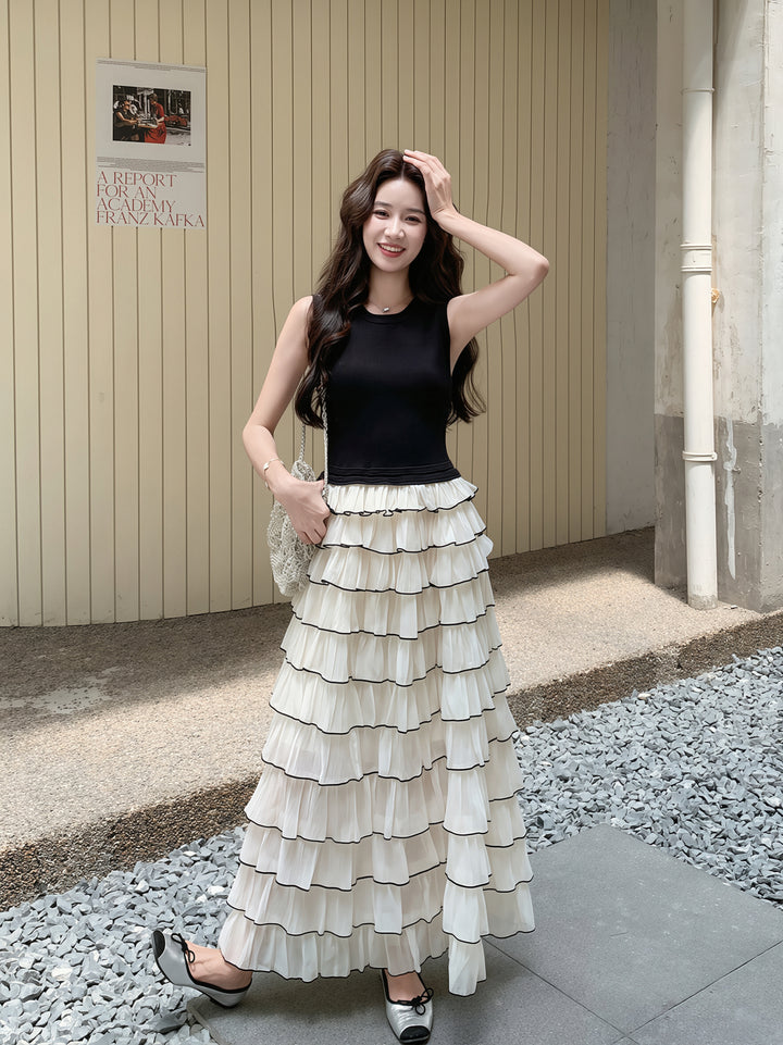 【dress】ノースリーブロングティアードワンピース Q8810