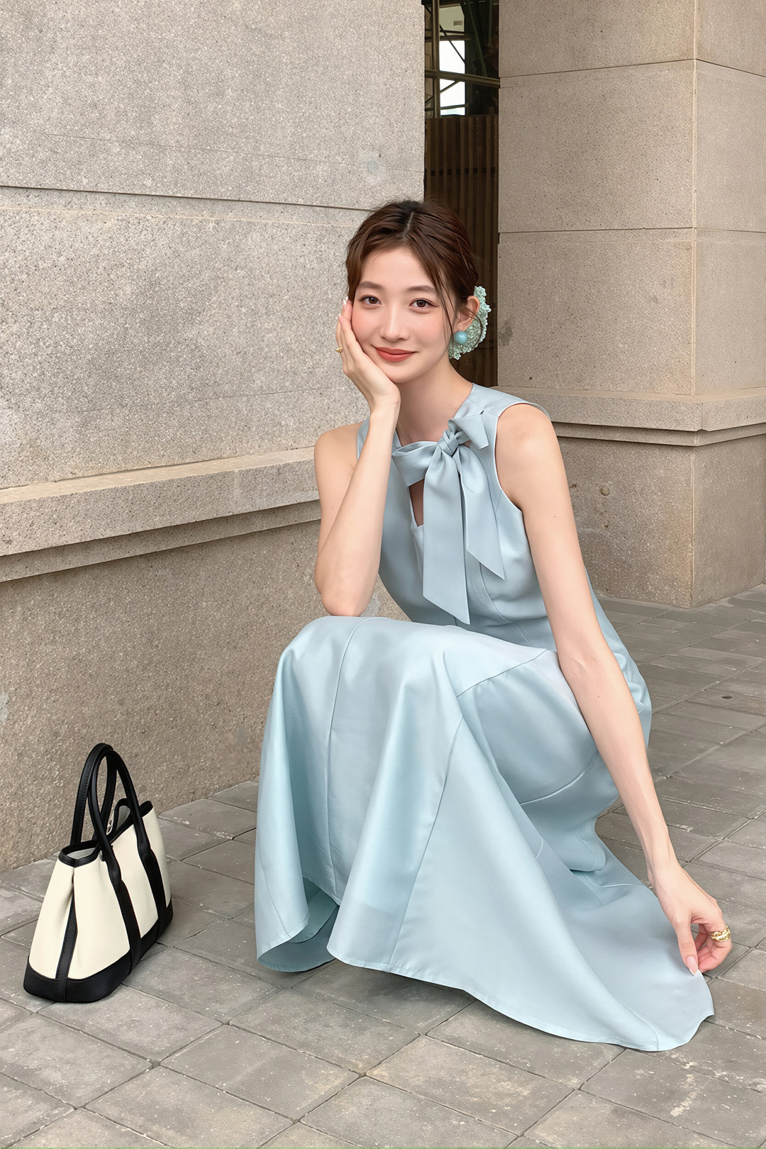 【dress】リボン付きロングワンピース Q8765