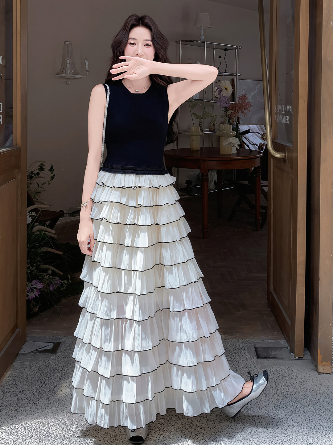 【dress】ノースリーブロングティアードワンピース Q8810