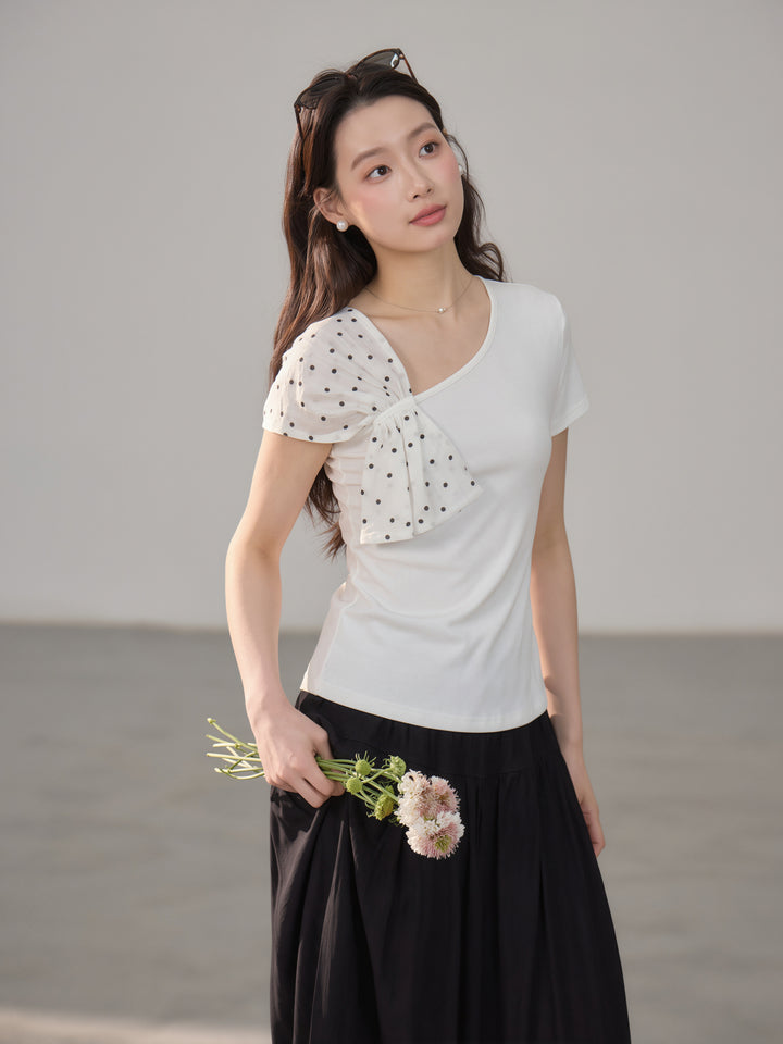 【tops】ドット柄ドッキングトップス Q8809