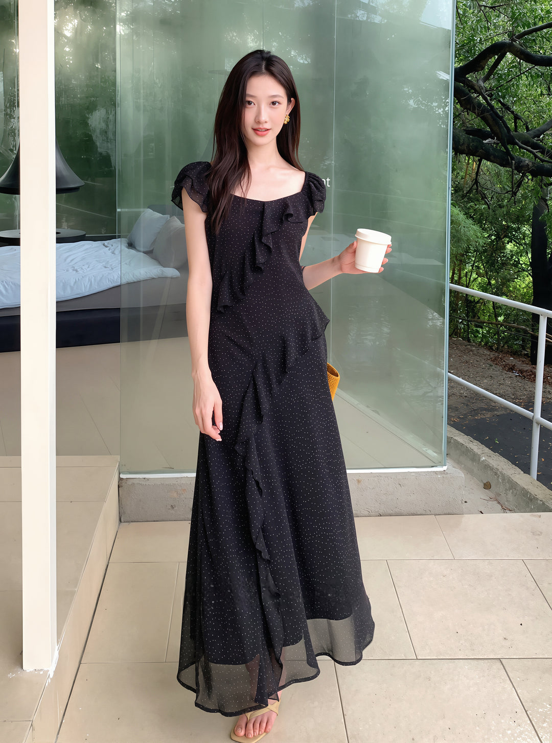 【dress】ドット柄フリルロングワンピース Q8766