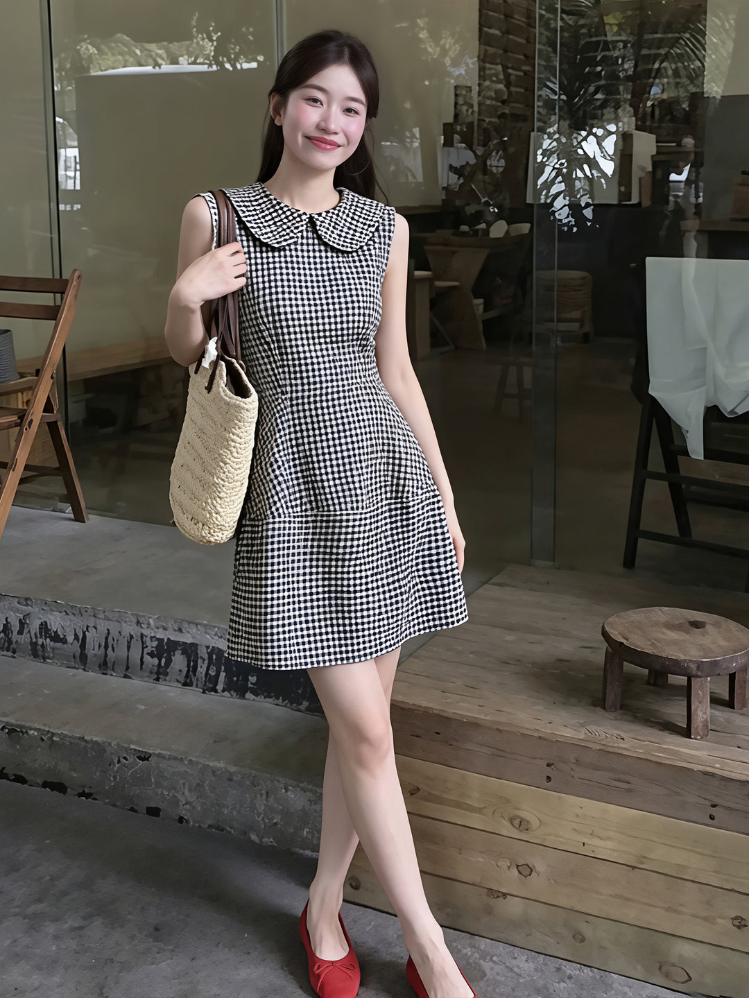 【dress】ピーターパンカラーノースリーブAラインワンピース Q8828
