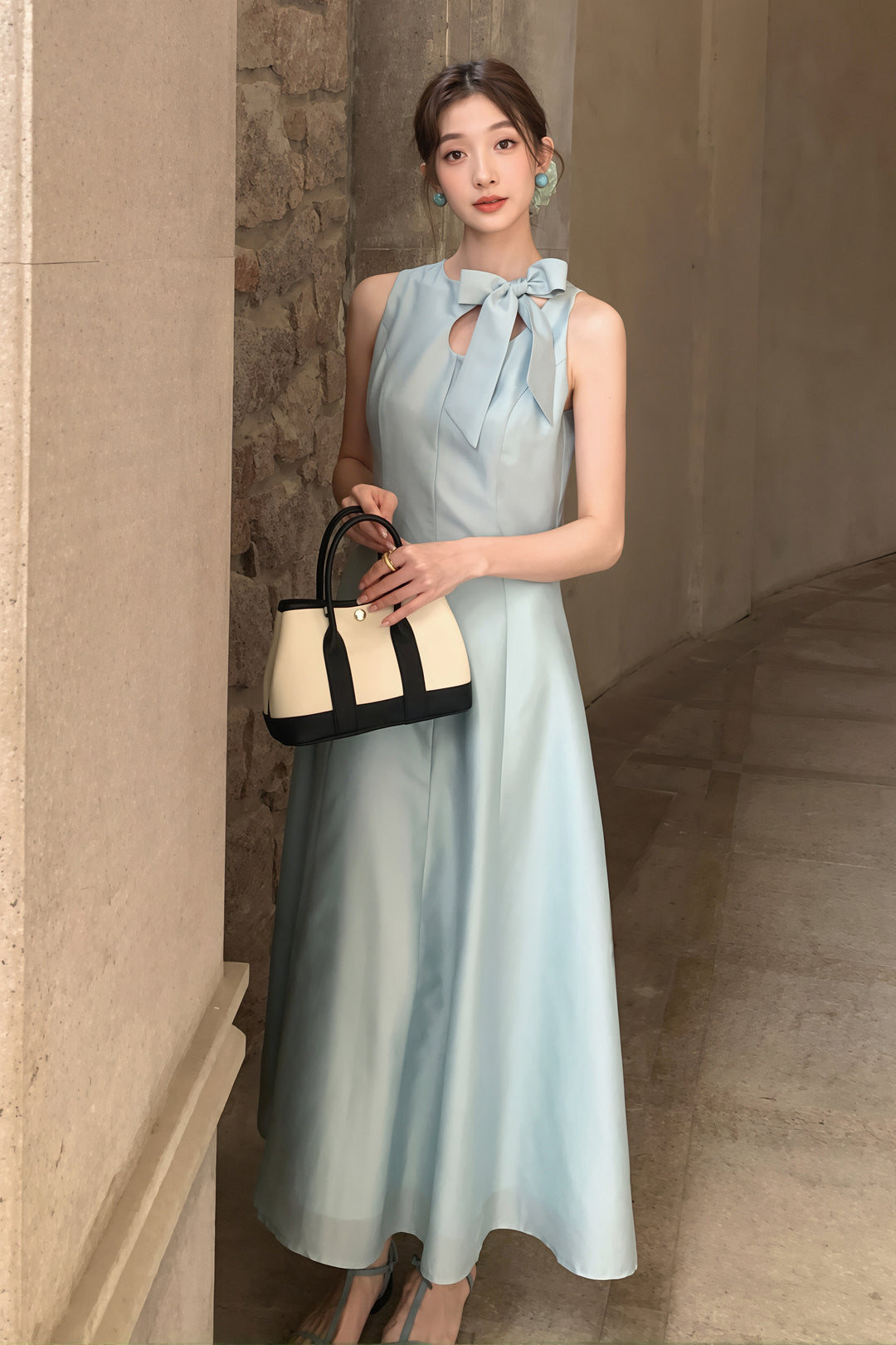 【dress】リボン付きロングワンピース Q8765