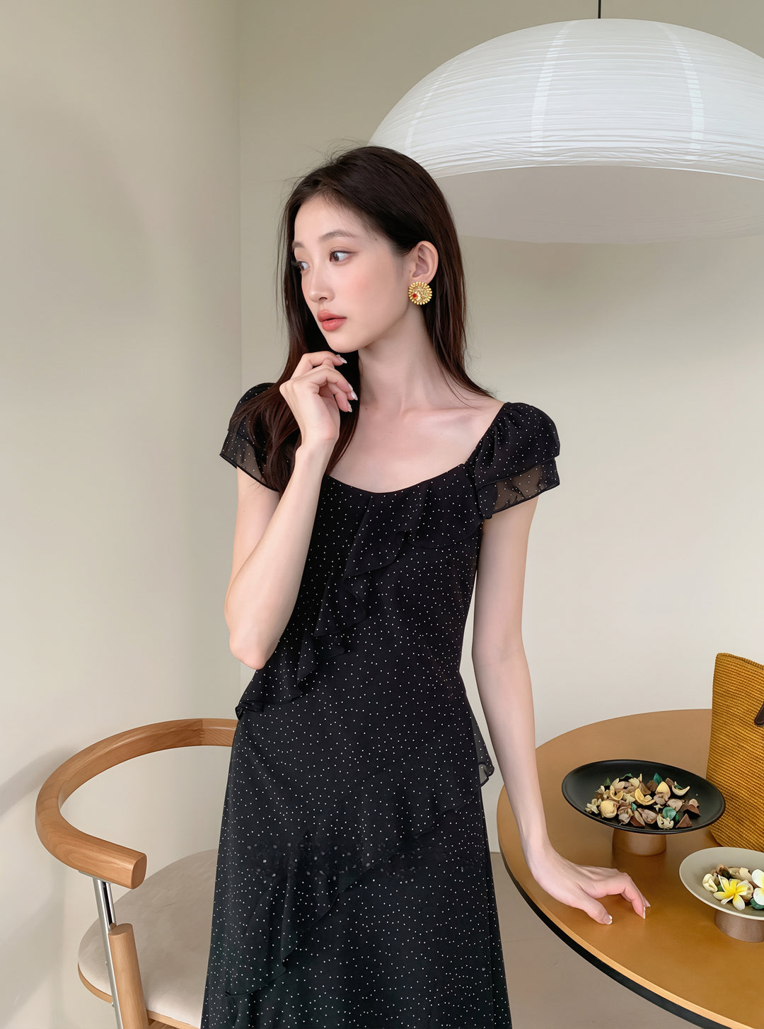 【dress】ドット柄フリルロングワンピース Q8766