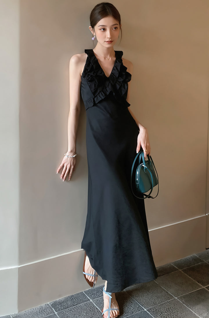 【dress】ノースリーブVネックギャザーフリルワンピース Q8678