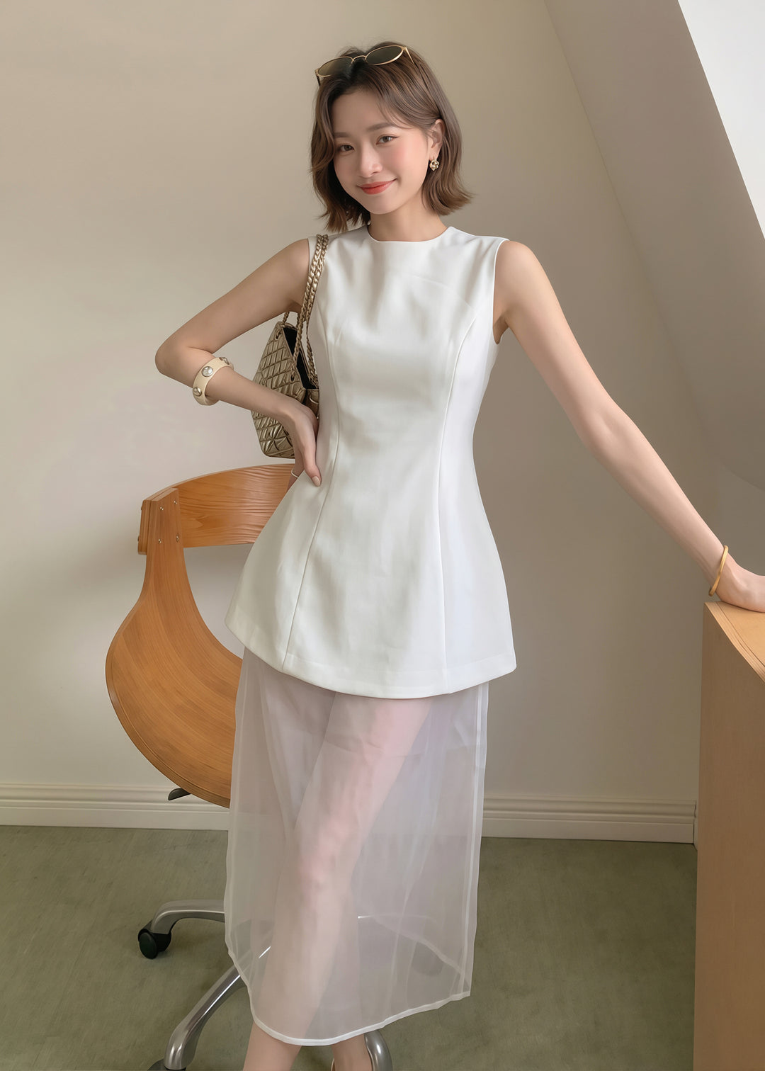 【set】バックオープンワンピース×シアーチュールスカートセット Q8815