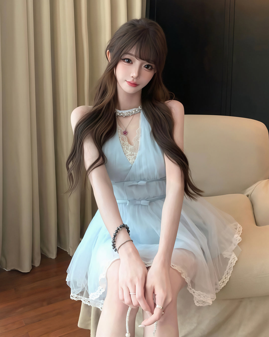 【dress】ラインストーン付きレースドッキングワンピース Q8935