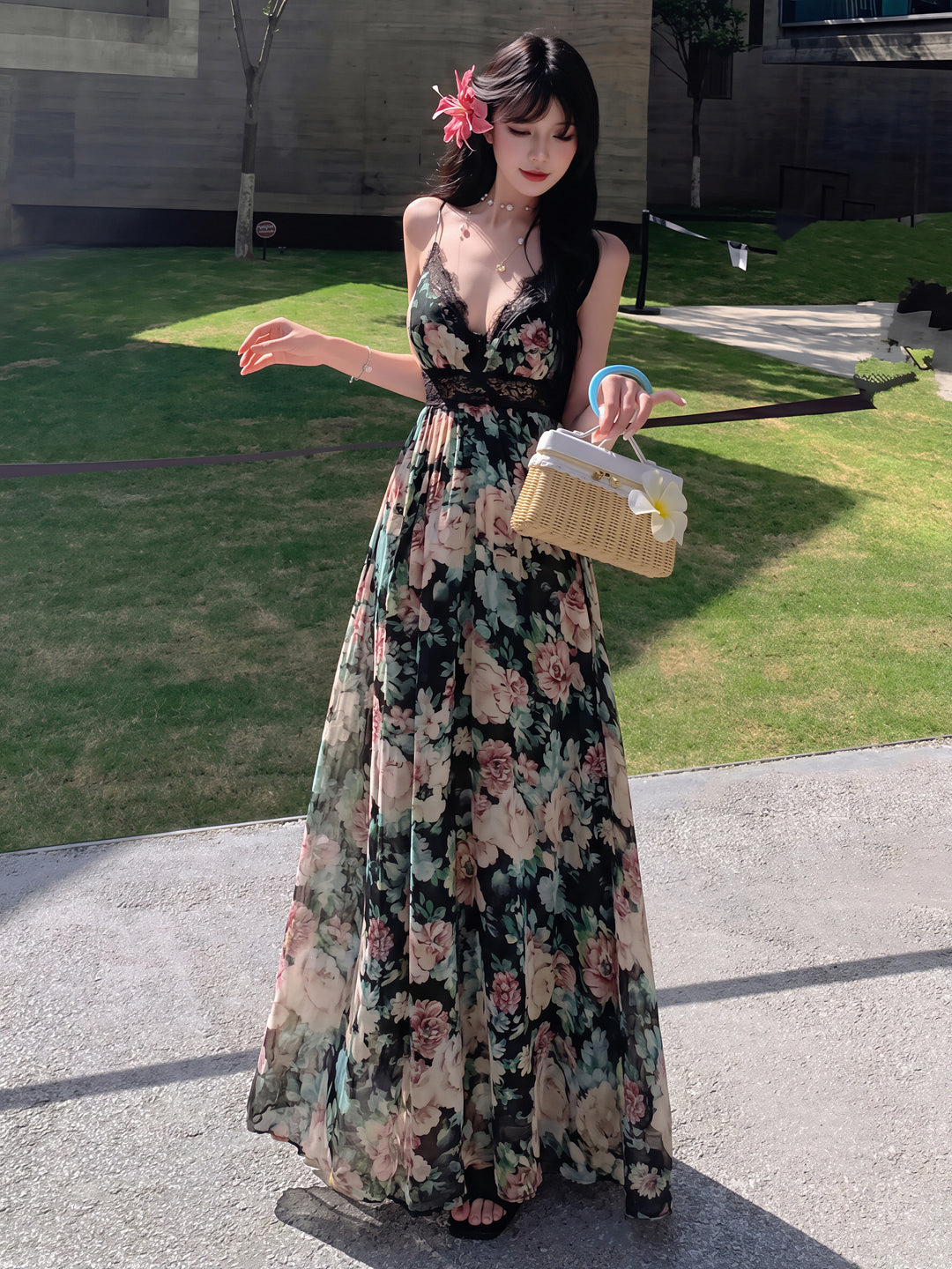 【dress】フラワー柄レースドッキングロングキャミワンピース Q8728