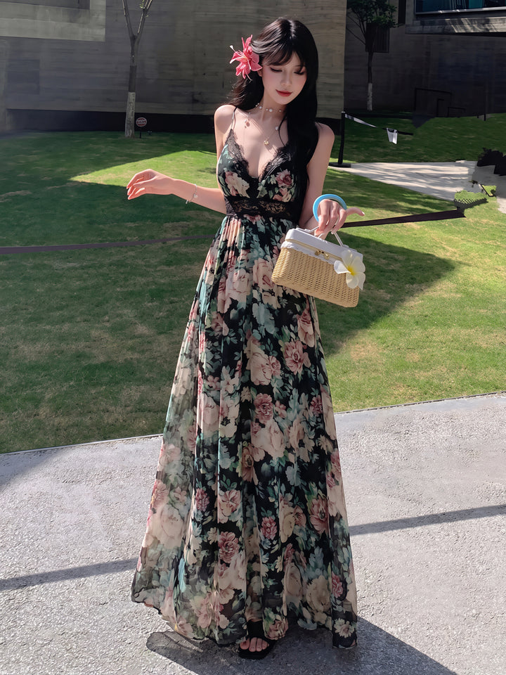 【dress】フラワー柄レースドッキングロングキャミワンピース Q8728