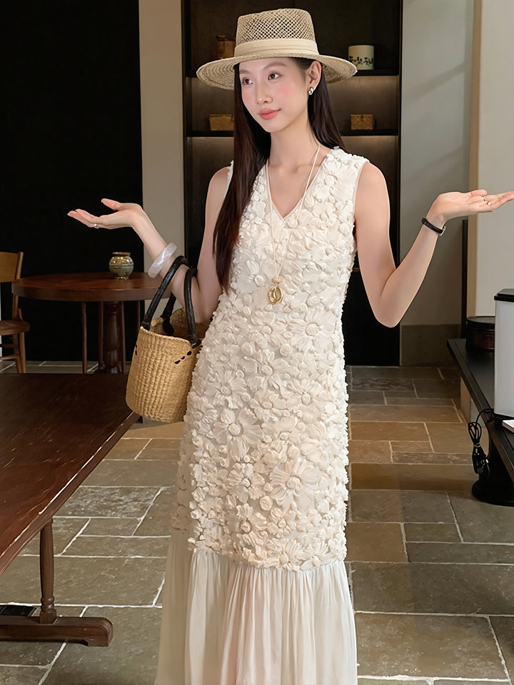 【dress】Vネックチュールドッキングロングベストワンピース Q8824