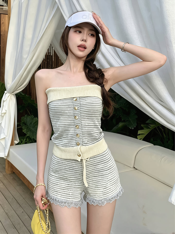 【set】ボーダー柄ニットチューブトップス×ショートパンツセット Q8857