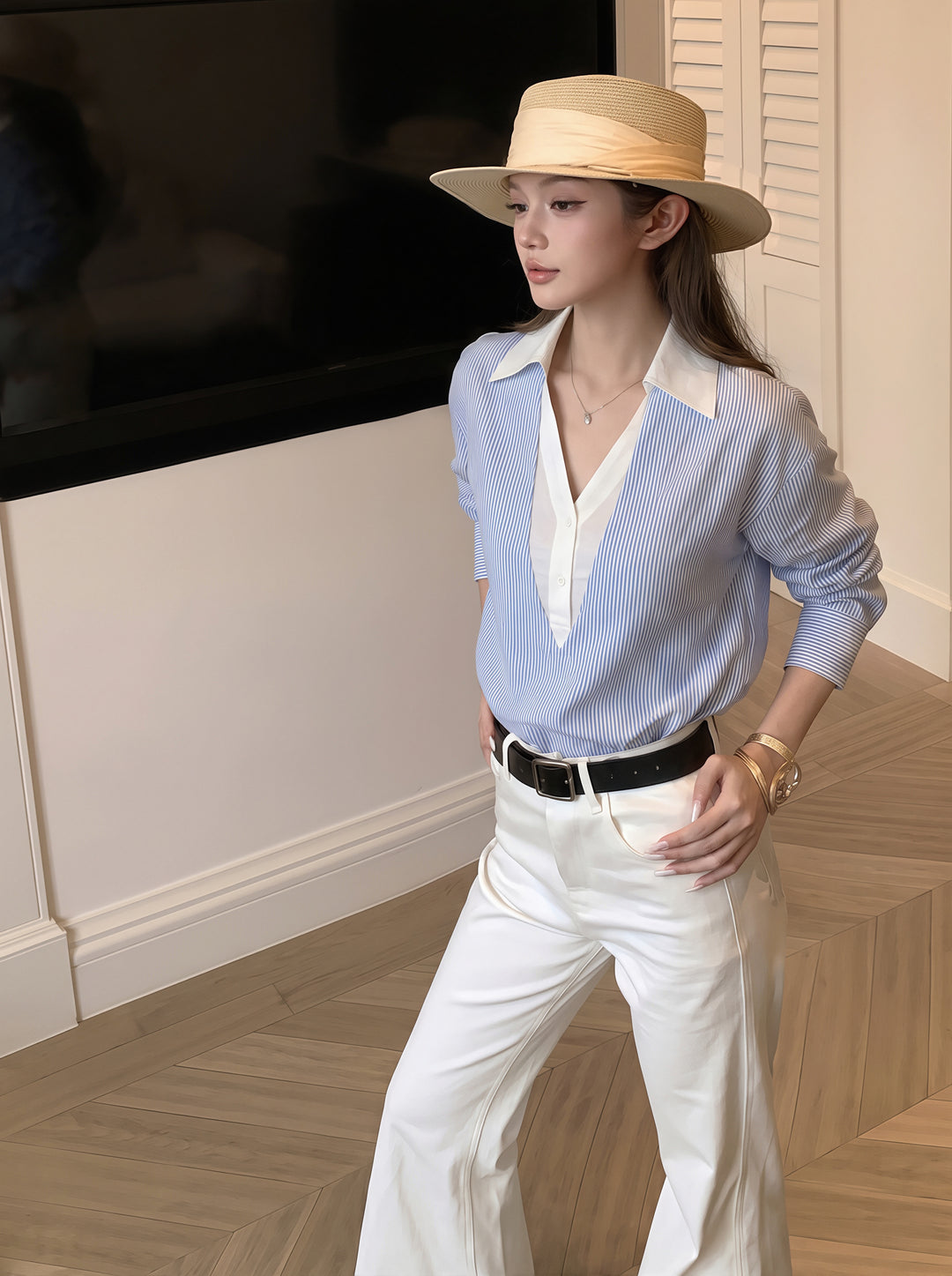 【tops】ストライプ柄フェイクレイヤードトップス Q8784
