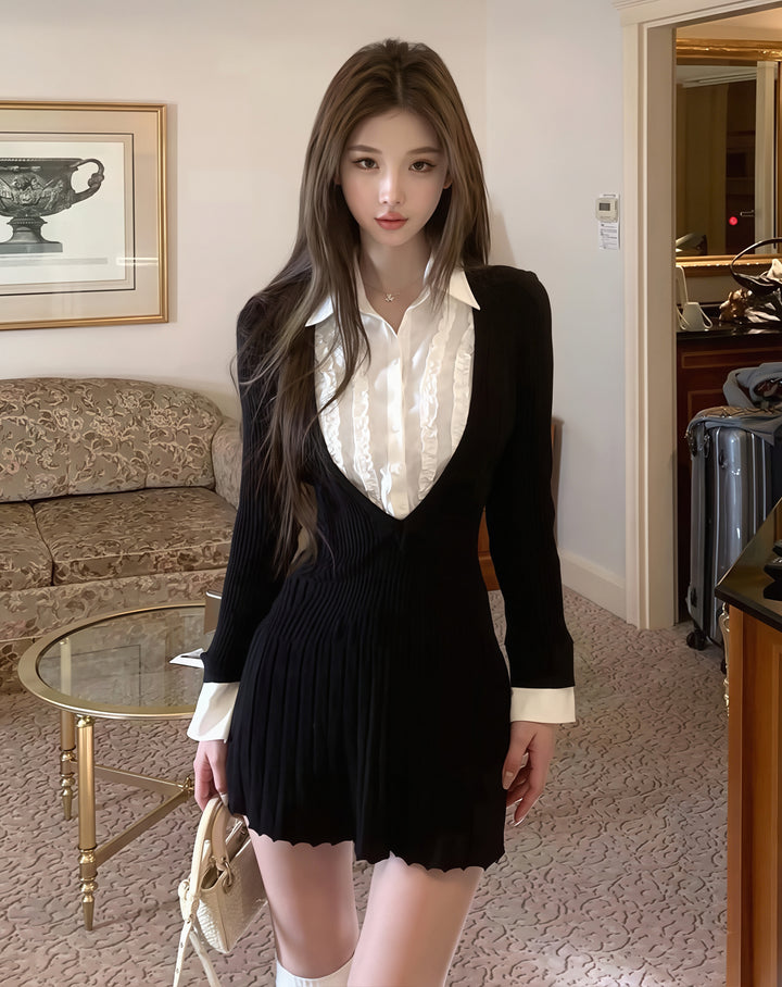 【dress】ニットドッキングフェイクレイヤードワンピース Q8994