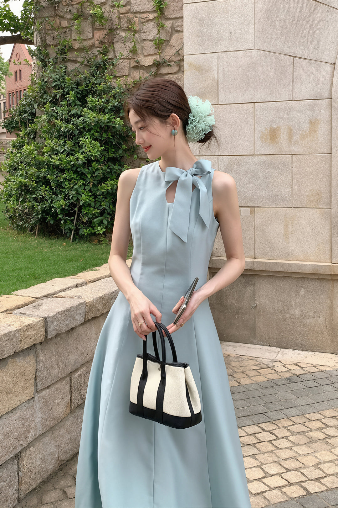 【dress】リボン付きロングワンピース Q8765