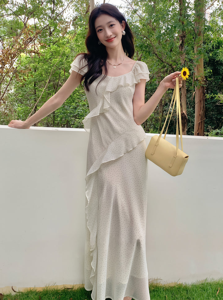 【dress】ドット柄フリルロングワンピース Q8766