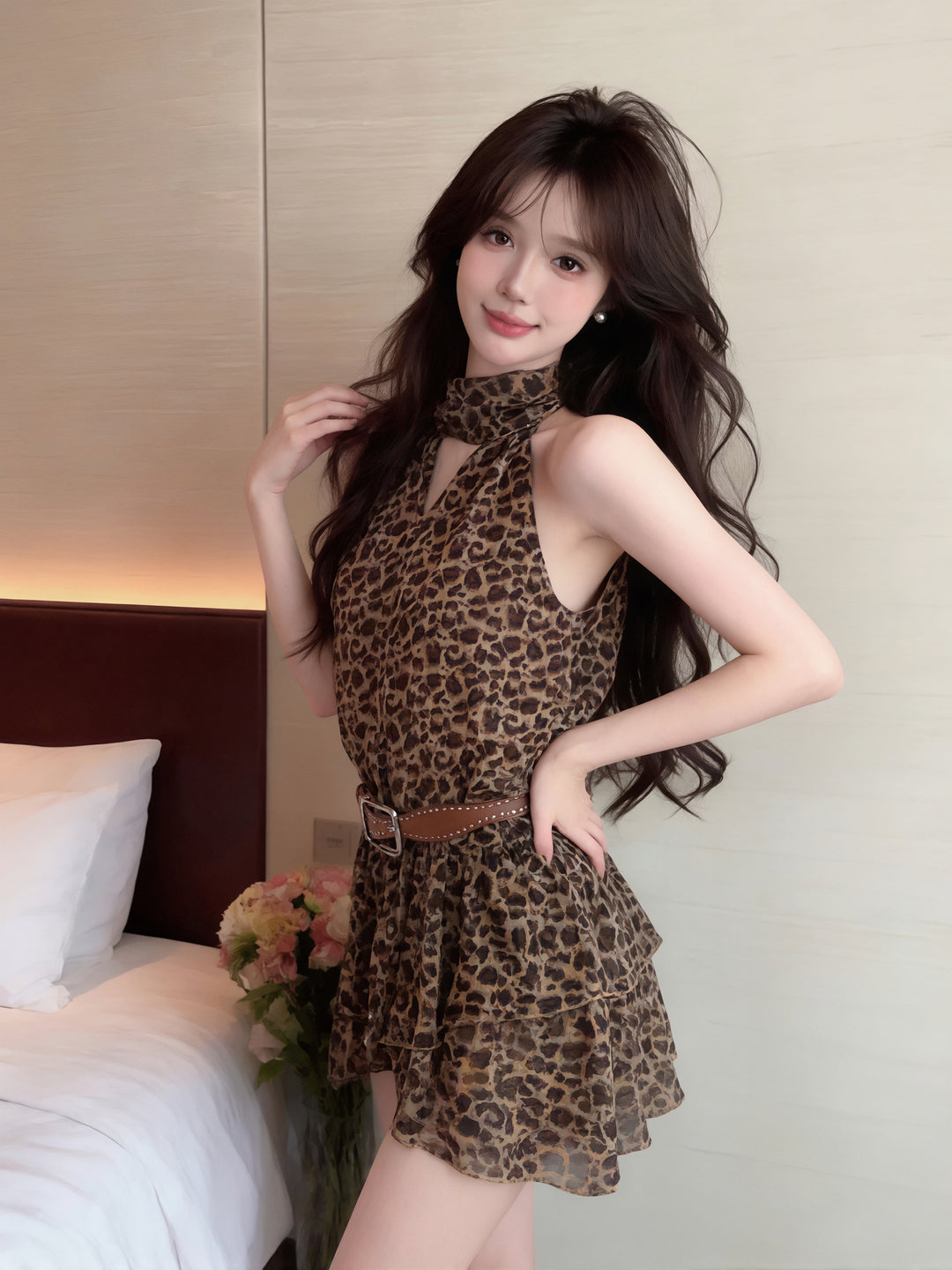 【dress】ノースリーブヒョウ柄ワンピース Q8897
