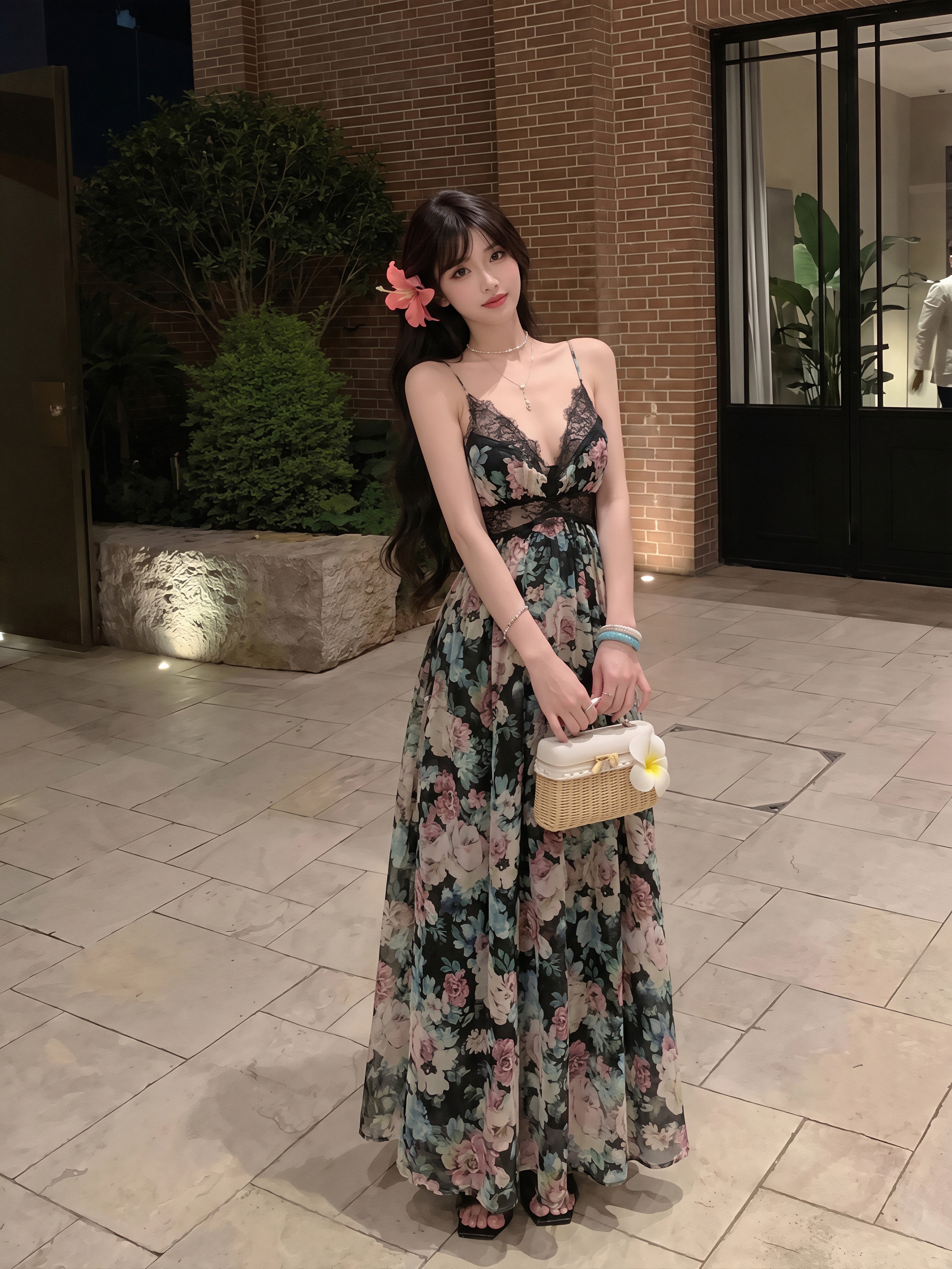 dress】フラワー柄レースドッキングロングキャミワンピース Q8728