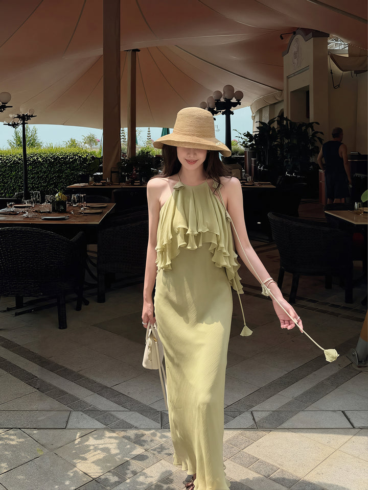 【dress】ホルターネックギャザーフリルロングワンピース Q8870