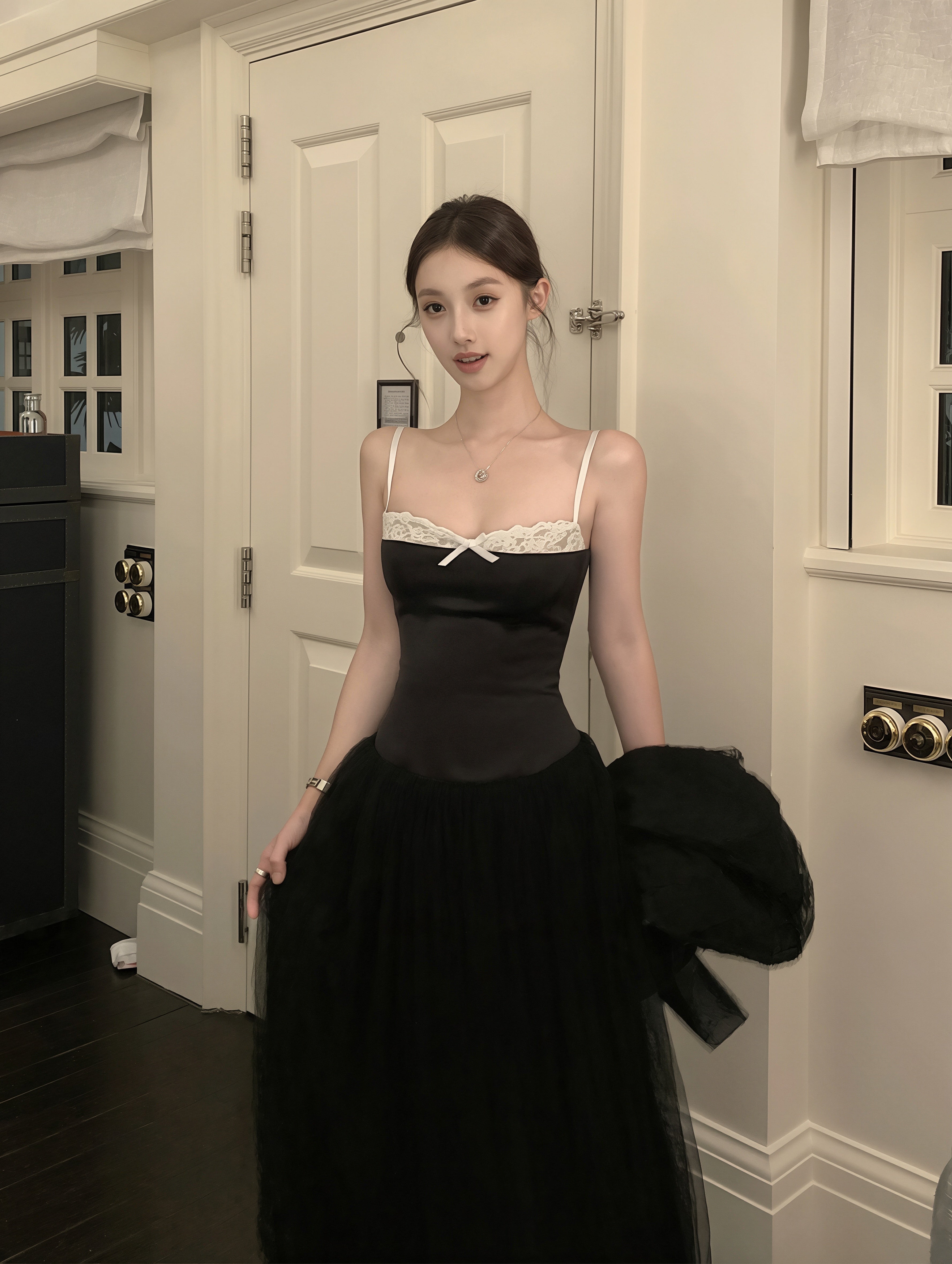 dress】チュールドッキングAラインロングキャミワンピース Q8867