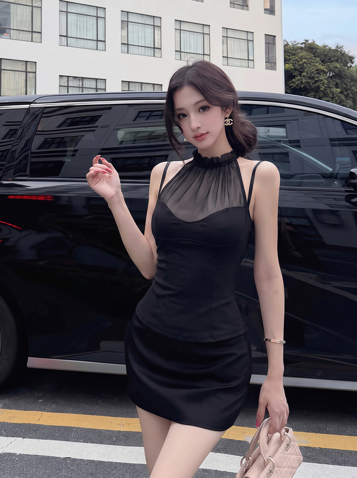 【tops】チュールドッキングホルターネックトップス Q8785
