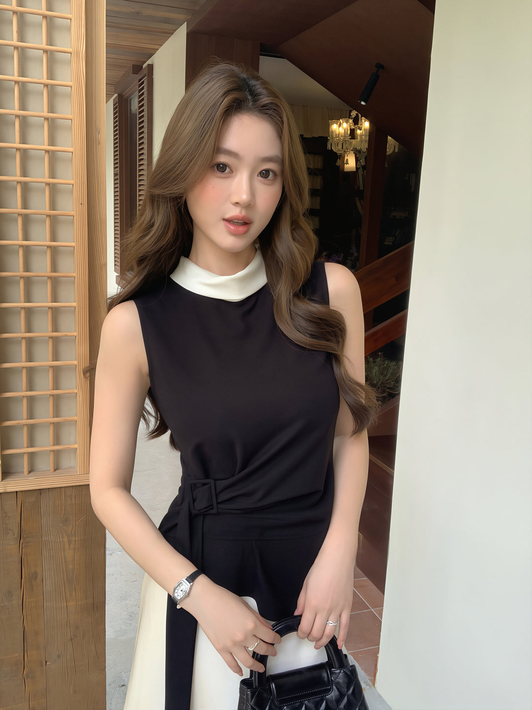【tops】イレヘムノースリーブ配色トップス Q8750