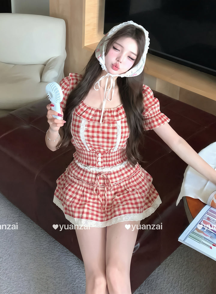 【set】チェック柄トップス×ミニスカートセット Q8797