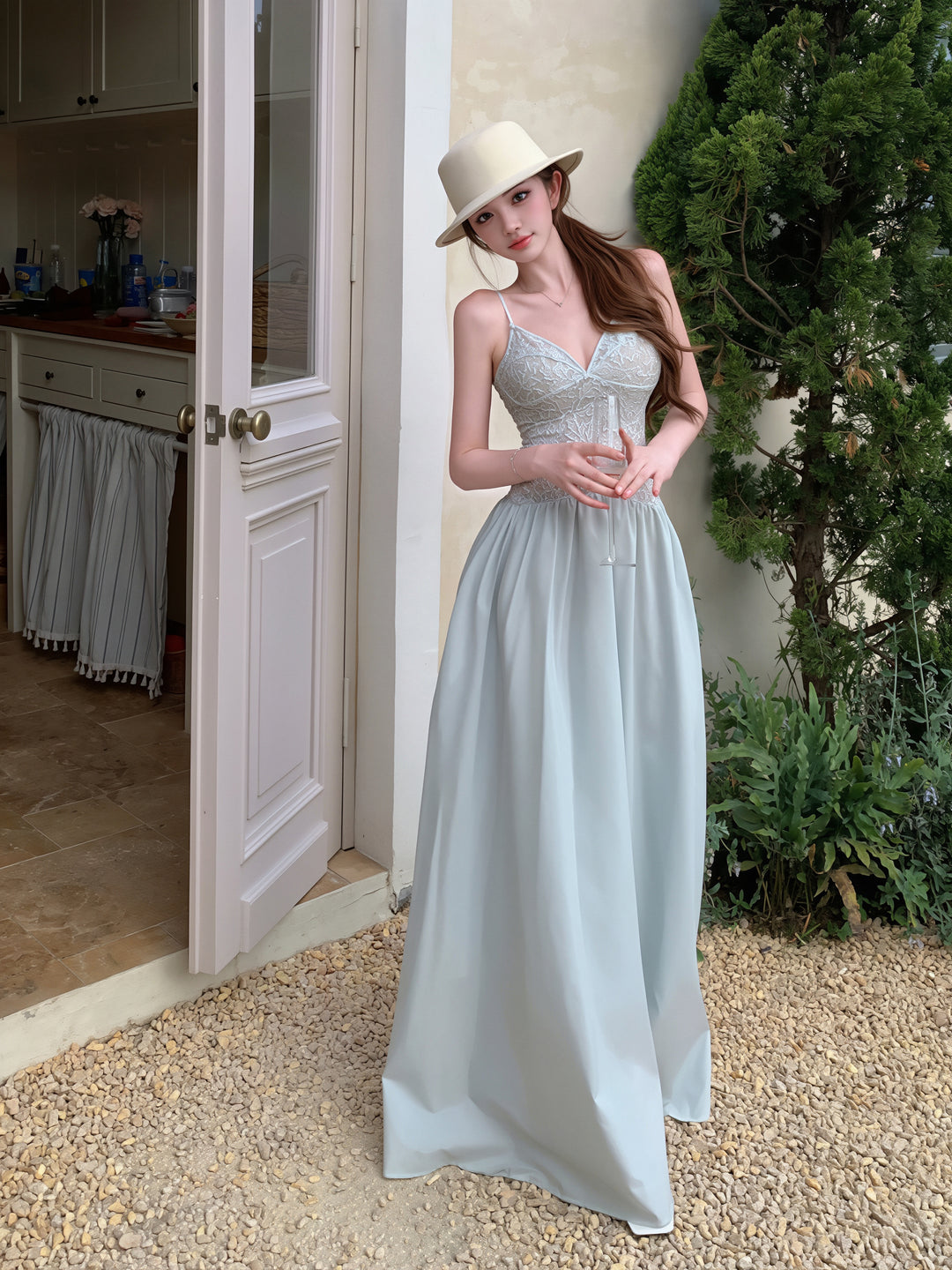 【dress】レースドッキングロングキャミワンピース Q8648