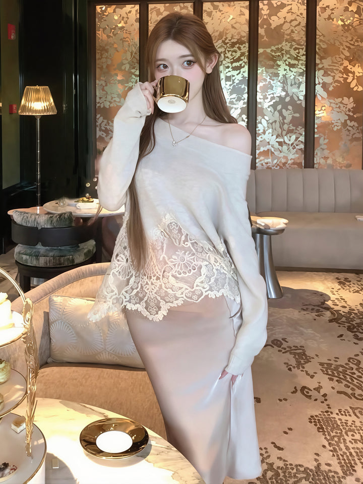 【set】レースドッキングトップス×膝丈スカートセット Q8957