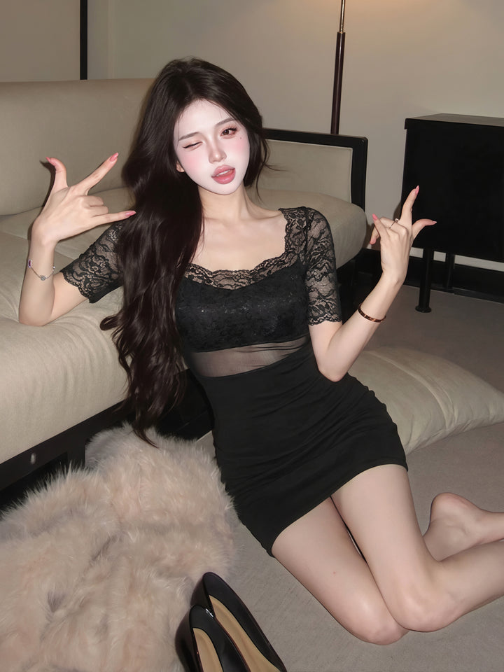 【dress】オフショルダーレースドッキングミニワンピース Q8861