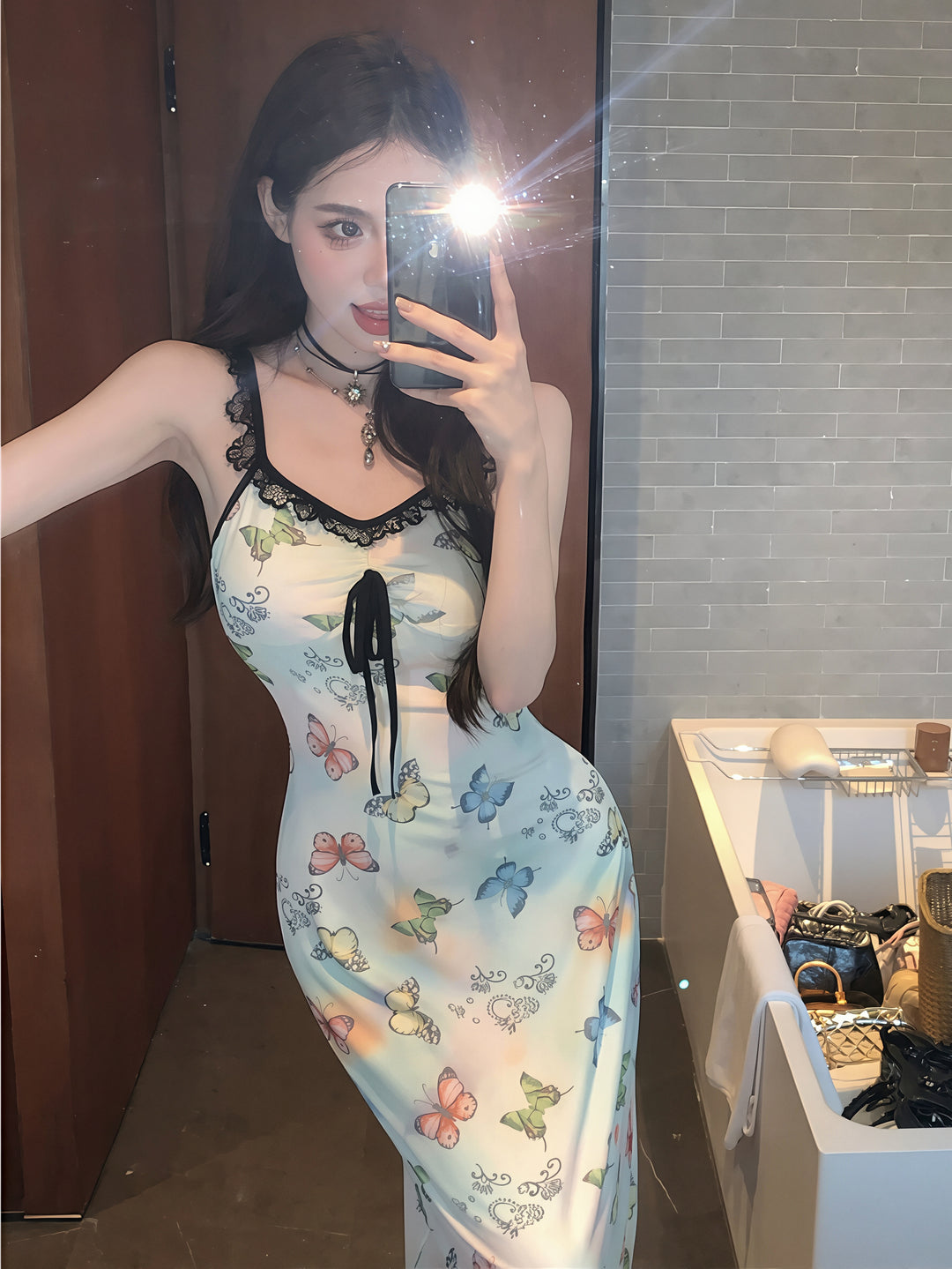 【dress】レースドッキングロングキャミワンピース Q8799
