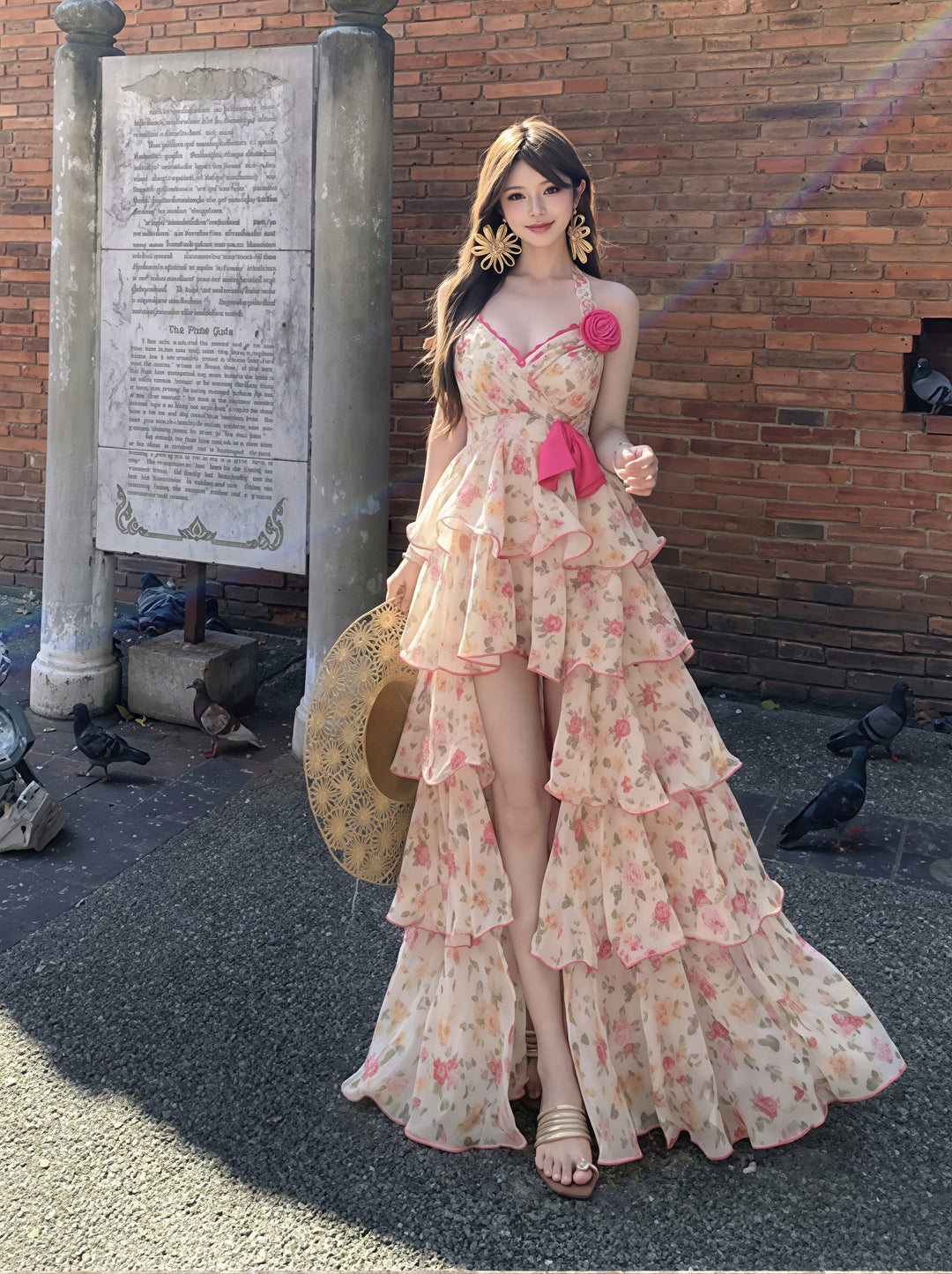 【dress】フラワー柄イレヘムロングキャミワンピース Q8851
