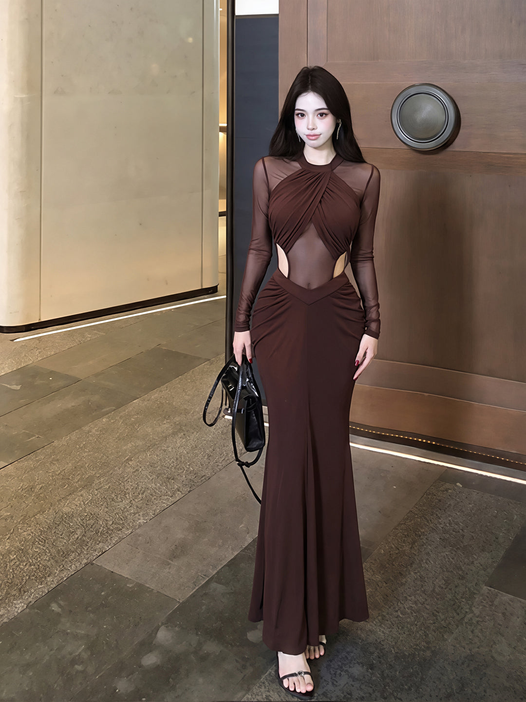 【dress】チュールドッキングウエストカットロングワンピース Q8831