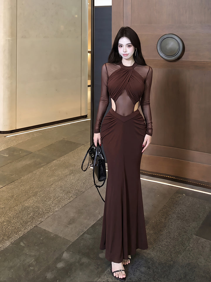 【dress】チュールドッキングウエストカットロングワンピース Q8831