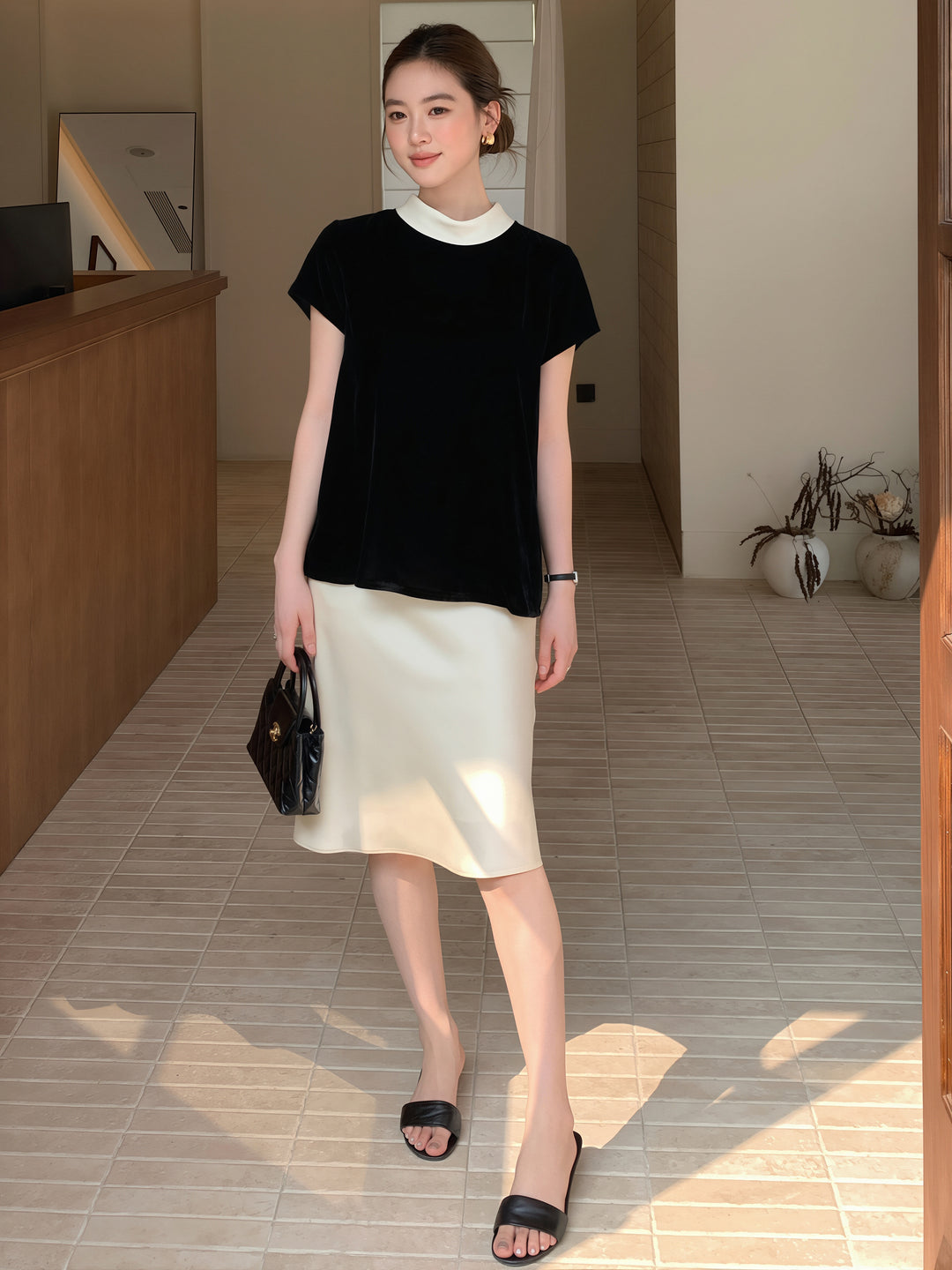 【tops】ベルベット半袖配色トップス Q8752